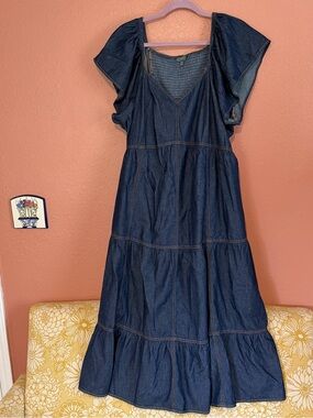 Terra & Sky Dark Blue Denim Tiered Maxi Dress